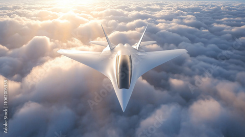 Futuristic Fighter Jet Flying Above Cloud Layer in Bright Sky photo