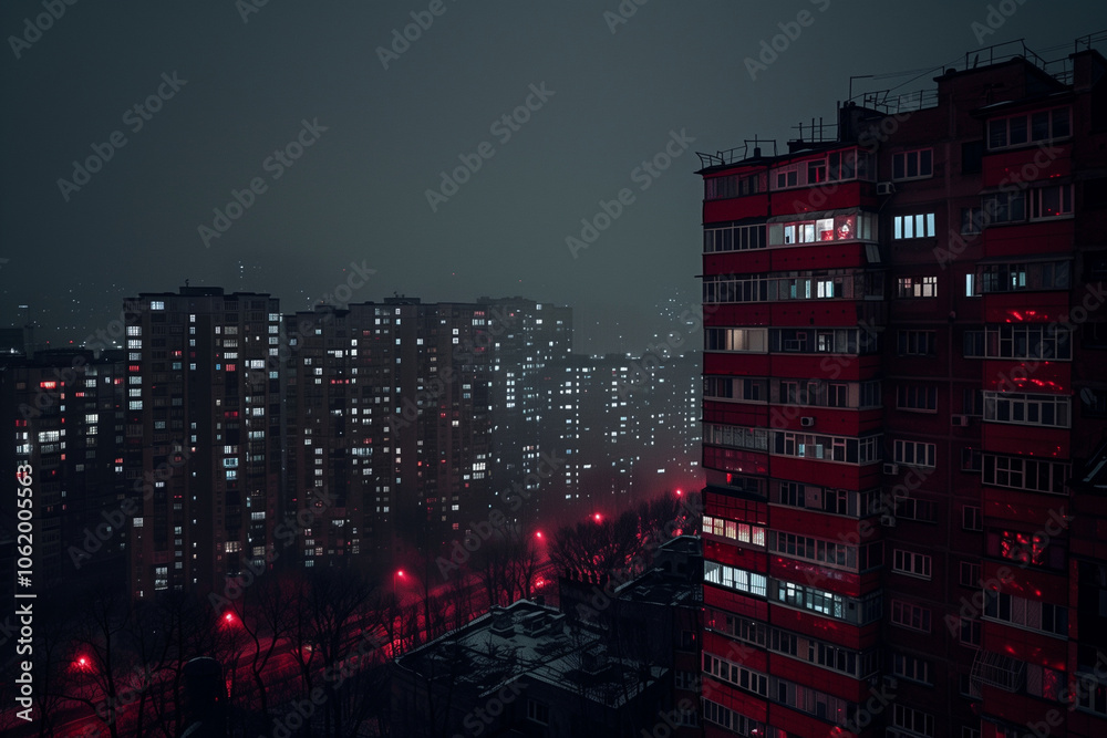 A nighttime cityscape featuring tall apartment buildings illuminated by various window lights. The scene is shrouded in fog, with a few streetlights casting a red glow on the streets below A nighttime cityscape featuring tall apartment buildings illuminated by various window lights. The scene is shrouded in fog, with a few streetlights casting a red glow on the streets below