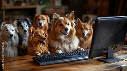 Cute Dogs Using Computer - Realistic Image