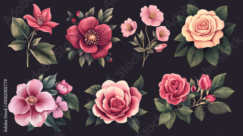 Collection of 16 stylized flowers with vibrant colors and detailed illustrations on a dark background. Seamless watercolor floral-patterned background