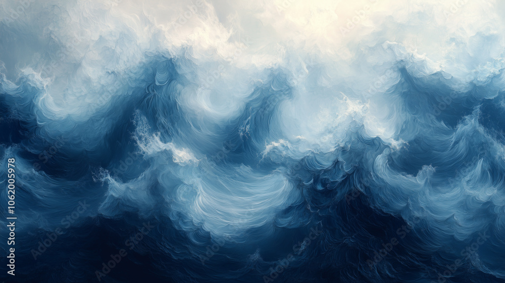 Abstract depiction of gentle ocean waves in muted blue and gray with soft, feathered edges: The waves appear soft and flowing, with delicate, feathered edges that blend into each o Abstract depiction of gentle ocean waves in muted blue and gray with soft, feathered edges: The waves appear soft and flowing, with delicate, feathered edges that blend into each o