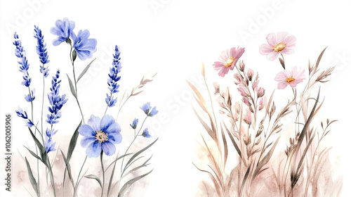 A watercolor illustration of various colorful flowers in bloom., Watercolor pastel pink and purple wildflowers clipart, on a white background.