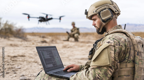 Soldier Using Laptop in Rocky Terrain During Tactical Operation with Another Soldier Nearby photo