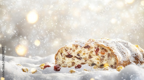 Fototapeta Naklejka Na Ścianę i Meble -  Traditional Stollen with a mix of dried fruits inside, isolated on a snowy white background with twinkling lights