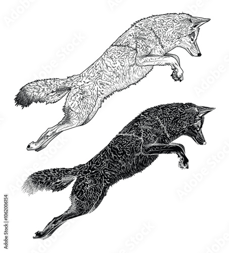Black and white vector illustration coyote jump
