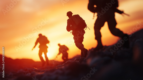 Silhouette of Soldiers Hiking in Formation Against a Vibrant Sunset Sky photo