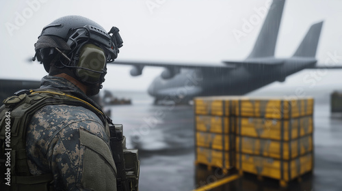 Soldier Standing Beside Cargo Pallets with Military Plane in Rainy Airport Setting photo