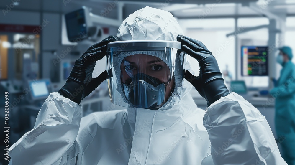 Medical Professional in Full Protective Suit with Reflective Visor in a Clinical Setting, Showcasing Healthcare Safety Protocols and Commitment to Sterile Environment Medical Professional in Full Protective Suit with Reflective Visor in a Clinical Setting, Showcasing Healthcare Safety Protocols and Commitment to Sterile Environment