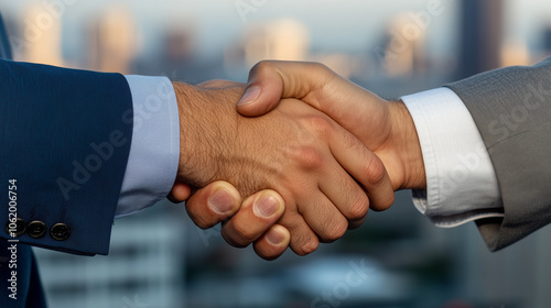 Handshake between businessmen sealing a successful contract with a blurred office and city background