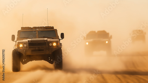 Convoy of Military Vehicles Driving Through Desert Landscape photo