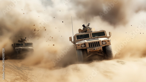 Convoy of Military Vehicles Driving Through Desert Landscape photo