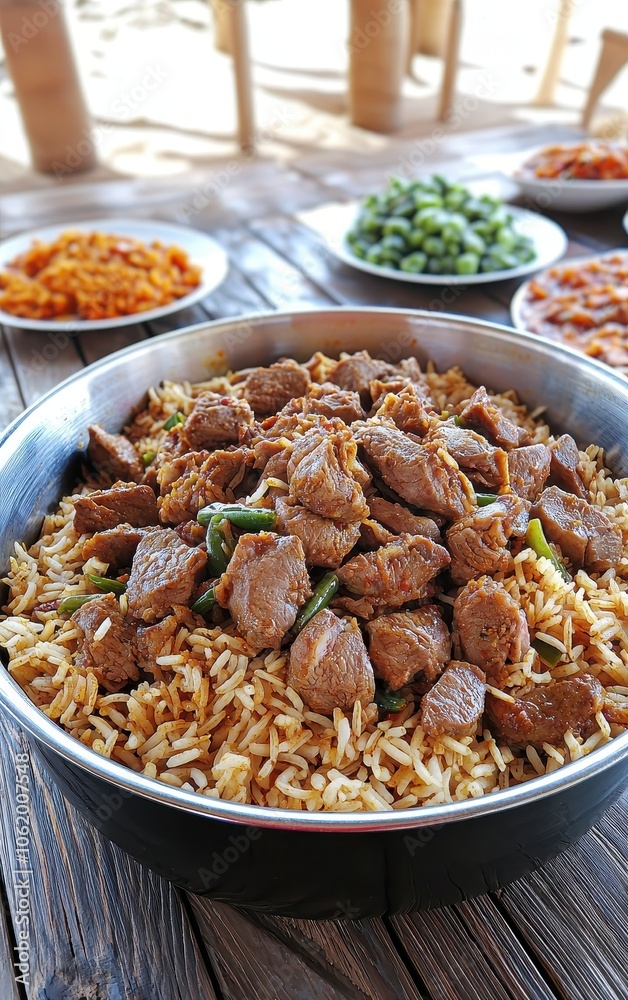 Delicious platter of rice with tender beef, served in a bowl on a rustic wooden table.