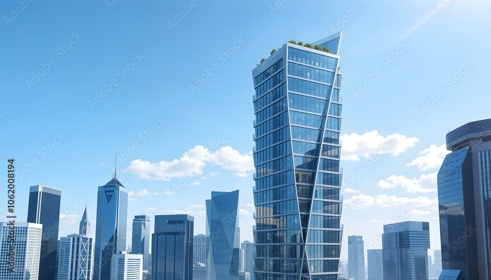Futuristic High-Rise Office Building with Urban Skyline Reflection Futuristic High-Rise Office Building with Urban Skyline Reflection