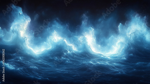 Vibrant abstract ocean scene with swirling waves in electric blue and aqua, outlined in bold white highlights: The high-energy waves have a dynamic, almost electrifying appearance,