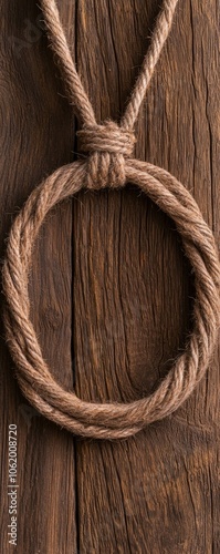 A close-up of a noose made of rope, resting on a wooden surface, symbolizing tension and potential danger.