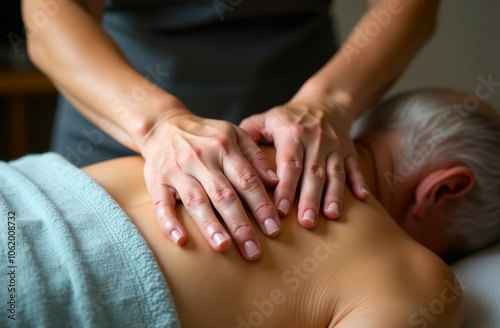 Close-up of Massage Therapist's Hands on Client's Back. A Professional Massage Therapist Performing a Relaxing Massage on a Elderly Client. Health Care and Rejuvenation