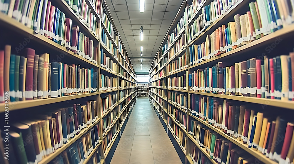 Long aisle of bookshelves in a library with books.