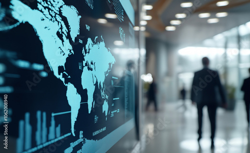 Modern Office Hallway with World Map on Screen Display photo