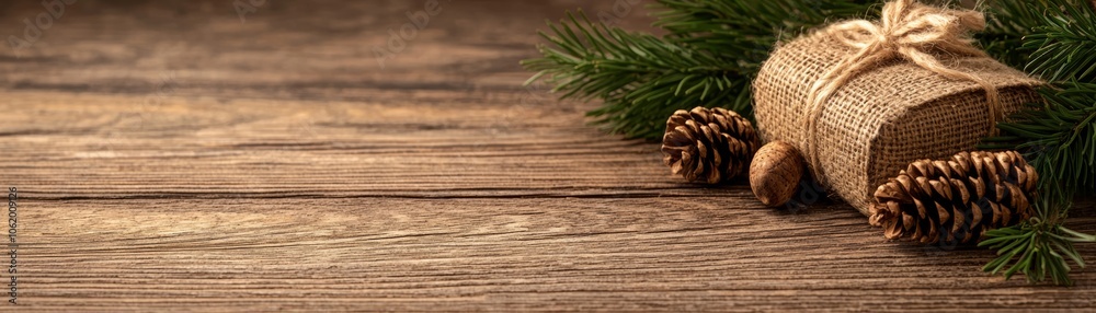 A rustic holiday scene featuring a wrapped gift, pinecones, and greenery on a wooden table, evoking a cozy, festive atmosphere. A rustic holiday scene featuring a wrapped gift, pinecones, and greenery on a wooden table, evoking a cozy, festive atmosphere.
