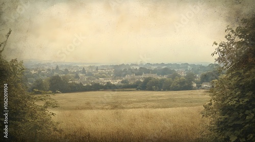 94. A wide view of English farmland with a town in the background, softened by subtle vintage grain