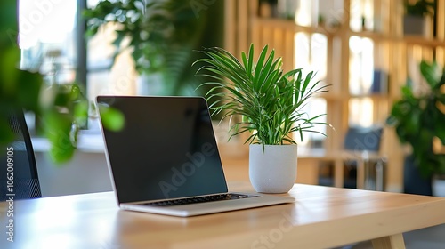 A clean, modern workspace featuring a laptop and a small potted plant on a wooden desk, creating a fresh and productive environment.