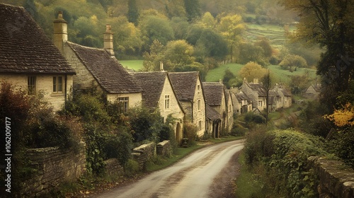 96. A broad view of English countryside with traditional cottages, softened by the vintage texture of film photo