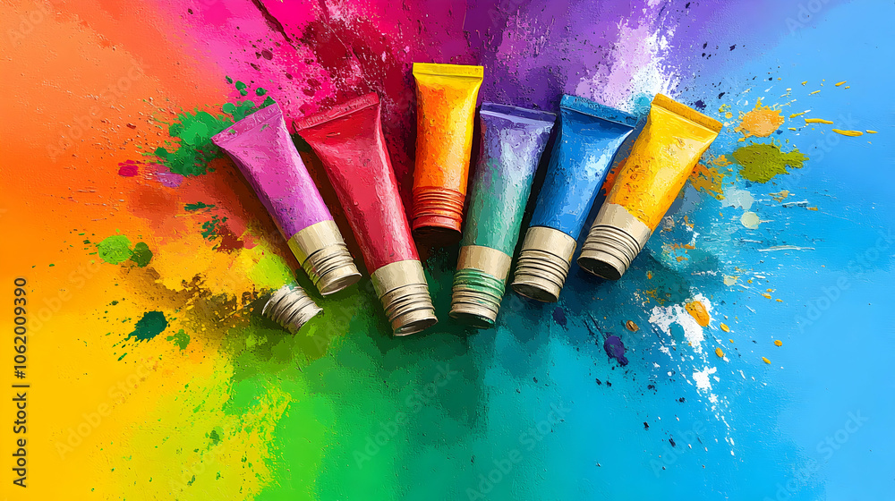Obraz premium Six colorful paint tubes on a rainbow background.