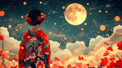 Woman in Kimono Standing in a Field of Flowers under a Full Moon - Illustration