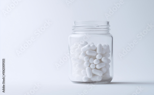 Transparent Jar with White Capsules Against White Background photo