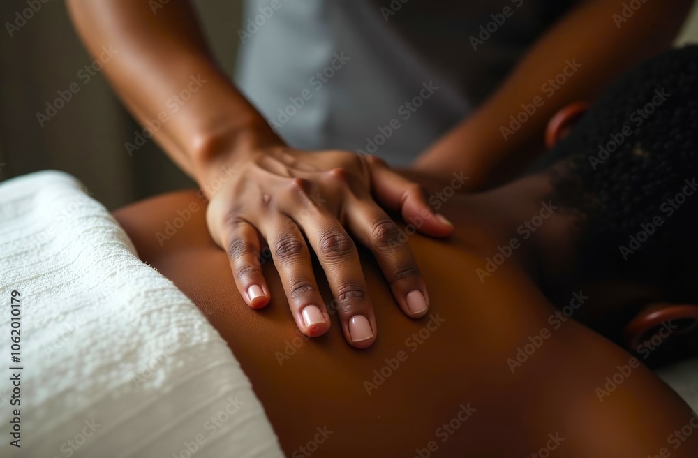 Close-up of Hands Massage Therapist's on Client's Back. A Black Professional Massage Therapist Performing a Relaxing Shoulder Massage on a Black Skin Client. Spa and Recovery concept Close-up of Hands Massage Therapist's on Client's Back. A Black Professional Massage Therapist Performing a Relaxing Shoulder Massage on a Black Skin Client. Spa and Recovery concept