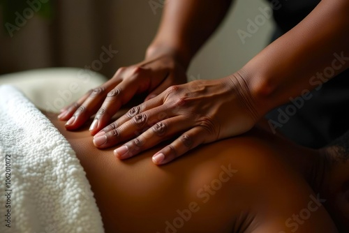 Close-up of Hands Massage Therapist's on Client's Back. A Black Professional Massage Therapist Performing a Relaxing Shoulder Massage on a Black Skin Client. Spa and Recovery concept