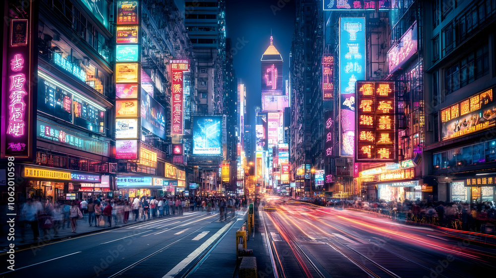 A bustling city street at night, filled with bright neon lights and moving traffic. A bustling city street at night, filled with bright neon lights and moving traffic.
