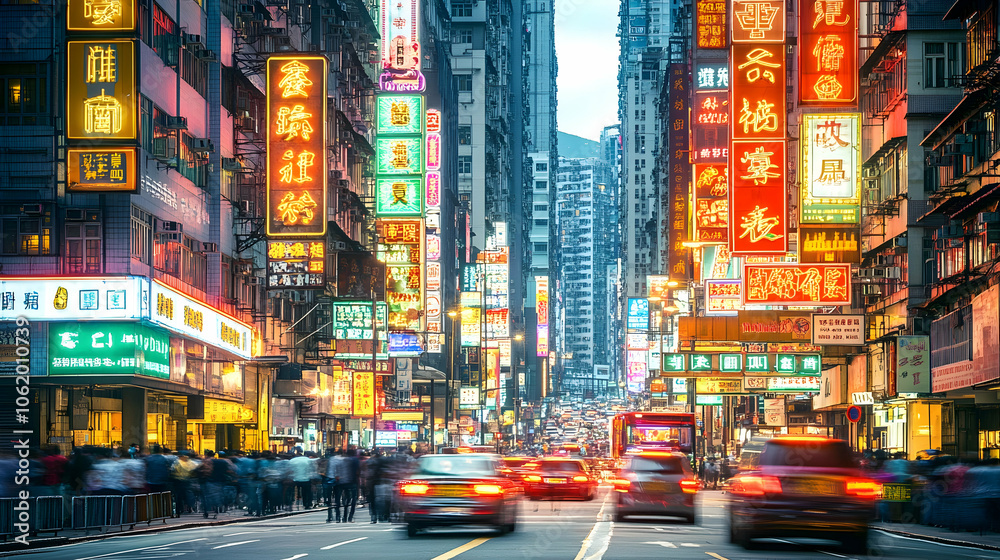 A bustling street in Hong Kong at dusk, filled with vibrant neon signs and a sea of people. A bustling street in Hong Kong at dusk, filled with vibrant neon signs and a sea of people.