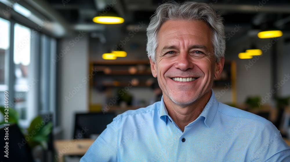 Portrait of successful senior businessman consultant looking at camera and smiling inside modern office building Portrait of successful senior businessman consultant looking at camera and smiling inside modern office building