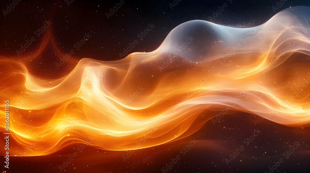 Abstract Background with Orange and White Waves and Glowing Stars
