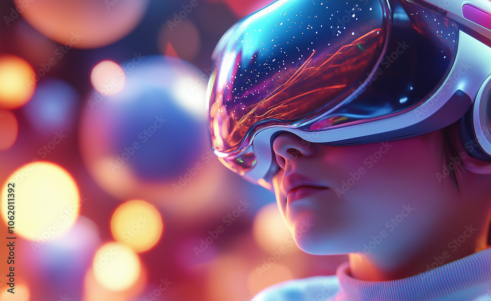 Young child wearing a VR headset, immersed in a colorful virtual environment with floating spheres.