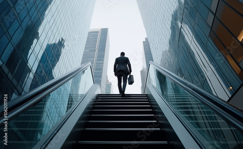Businessman ascending a staircase between modern skyscrapers, symbolizing ambition and career growth.