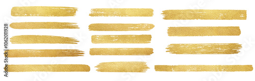 Golden foil paint brush stripes, brushstroke shapes, smears, rough uneven stains strokes set. Hand drawn textured text backgrounds, dividers, gold painted graphic elements. Frame, banner templates.