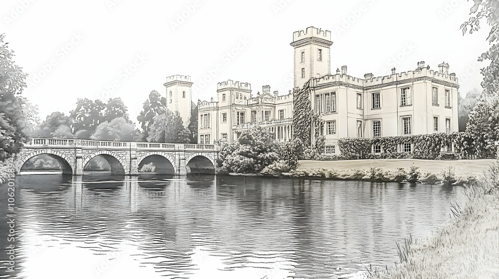 Obraz premium A grand castle with a stone bridge spanning a tranquil river, surrounded by lush greenery and misty air.