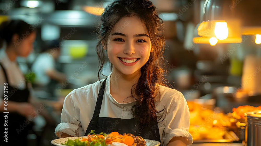Smiling Woman in a Kitchen Holding a Plate of Food - Realistic Image Smiling Woman in a Kitchen Holding a Plate of Food - Realistic Image