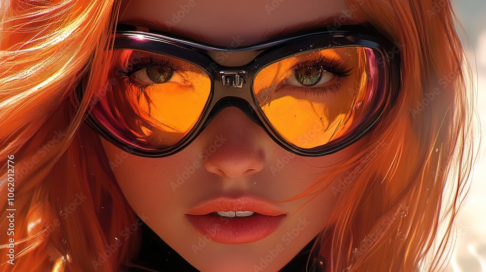 Fashionable red haired woman, wearing ski goggles Fashionable red haired woman, wearing ski goggles