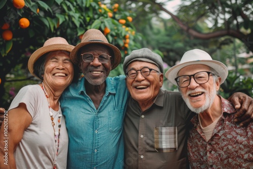 Group of asian senior friends walking in the park and smiling.