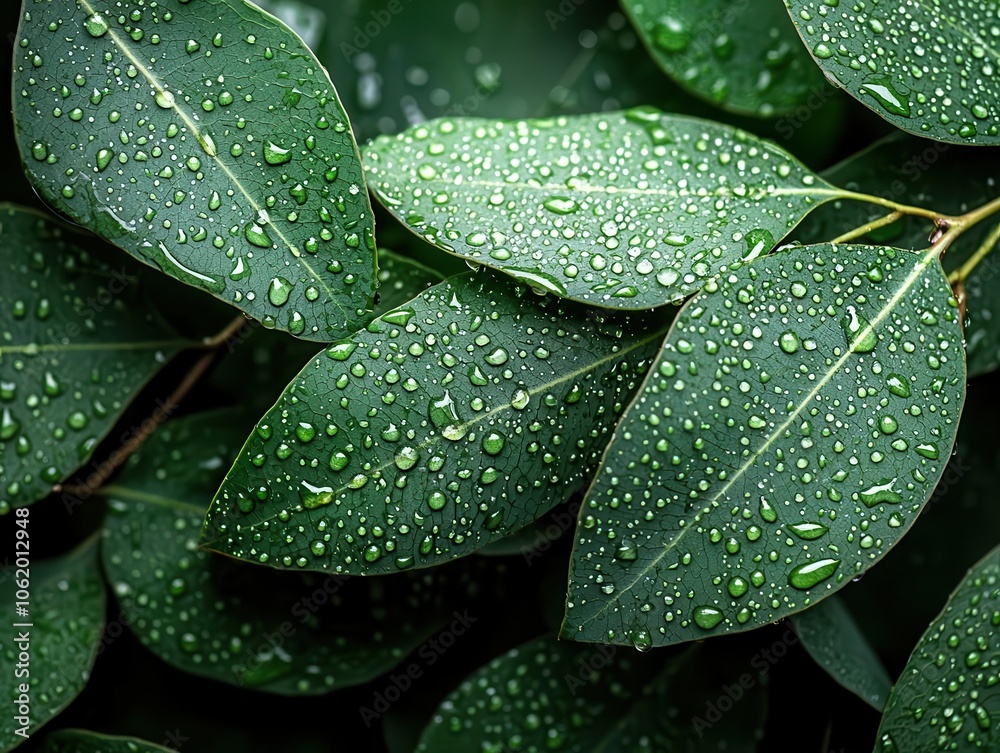 Fototapeta premium Macro of eucalyptus leaf with water droplets, high clarity, rich greens, refreshing and natural perspective