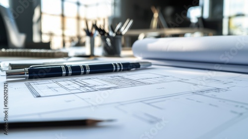 A workspace with blueprints and a pen, indicating planning work.