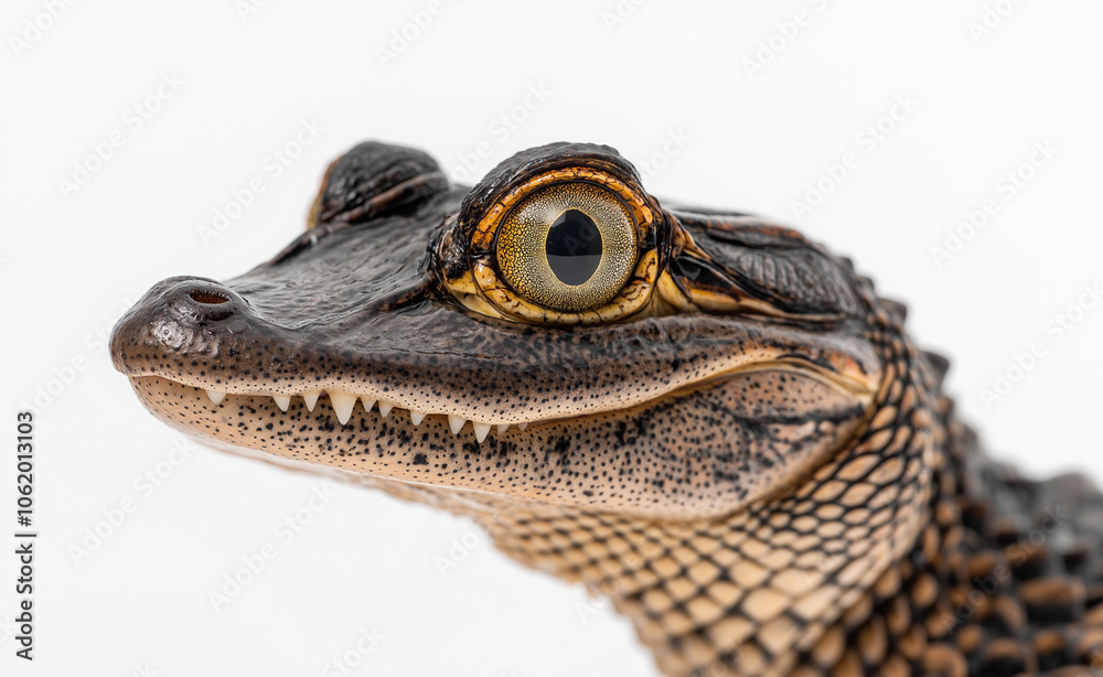 Fototapeta premium Close-up side profile of a young crocodile with detailed scales and sharp eye against a light background.