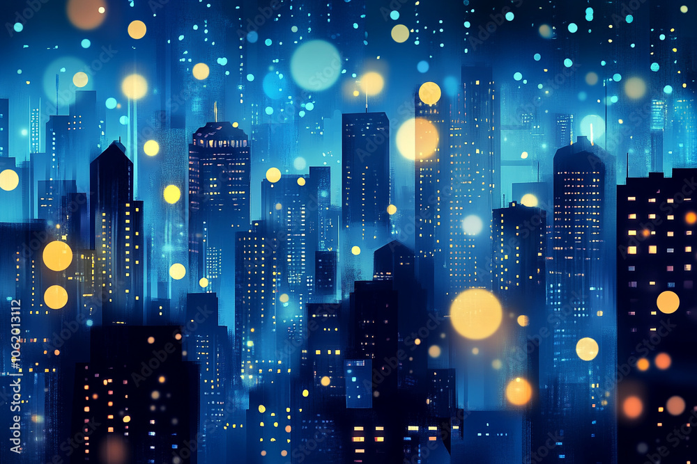 Abstract illustration of night cityscape glows with vibrant bokeh lights and atmospheric contrast sparkles with neon reflections