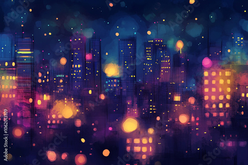 Abstract illustration of night cityscape glows with vibrant bokeh lights and atmospheric contrast sparkles with neon reflections