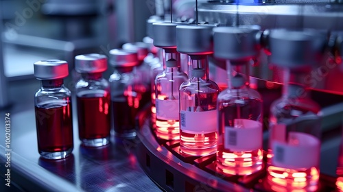 A row of bottles with red liquid inside are lit up. The bottles are lined up on a conveyor belt and are glowing red photo