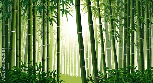 Dense bamboo forest illustration with sunlight through tall green stalks