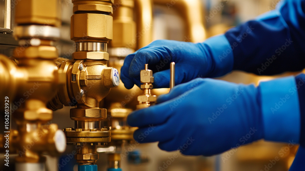 Industrial Worker Checking Brass Valves with Blue Gloves Industrial Worker Checking Brass Valves with Blue Gloves